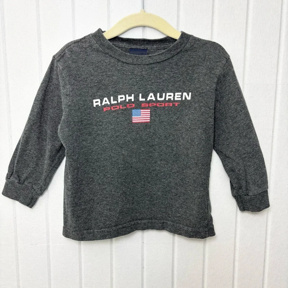 Ralph Lauren Kids Charcoal Long Sleeve USA  Flag Tee Size 2T‎
